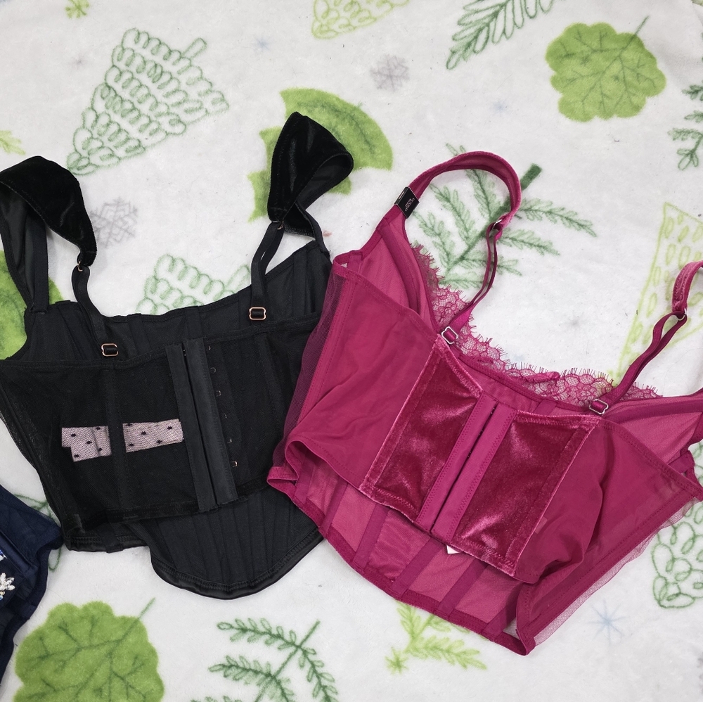 Victorias secret velvet and embroidered lace up corset bundle - green, pink,blue - Picture 2 of 6